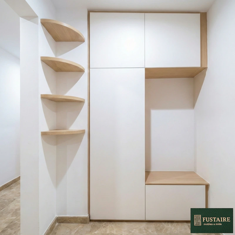 Armario recibidor empotrado a medida en color blanco mate y madera de roble con banco descalzador, altillos y estantes esquineros curvos fabricado por Fustaire en Barcelona