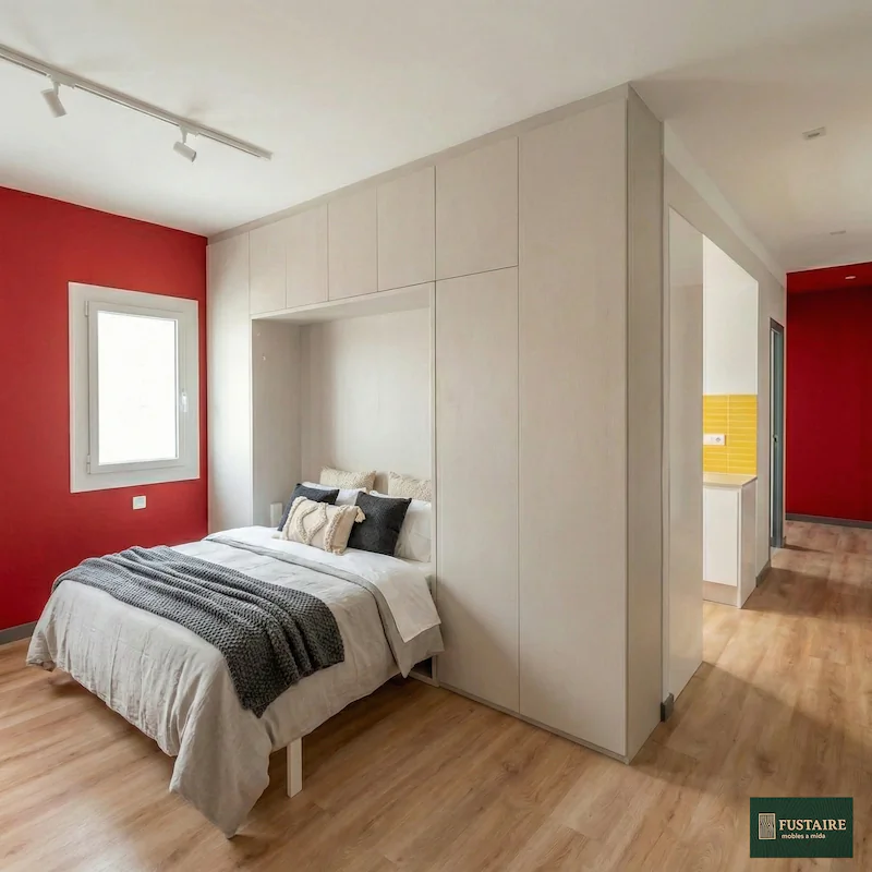 Cama abatible integrada en un mueble armario a medida de diseño moderno en color arena, instalada en un dormitorio con paredes rojas, optimizando al máximo el espacio disponible.