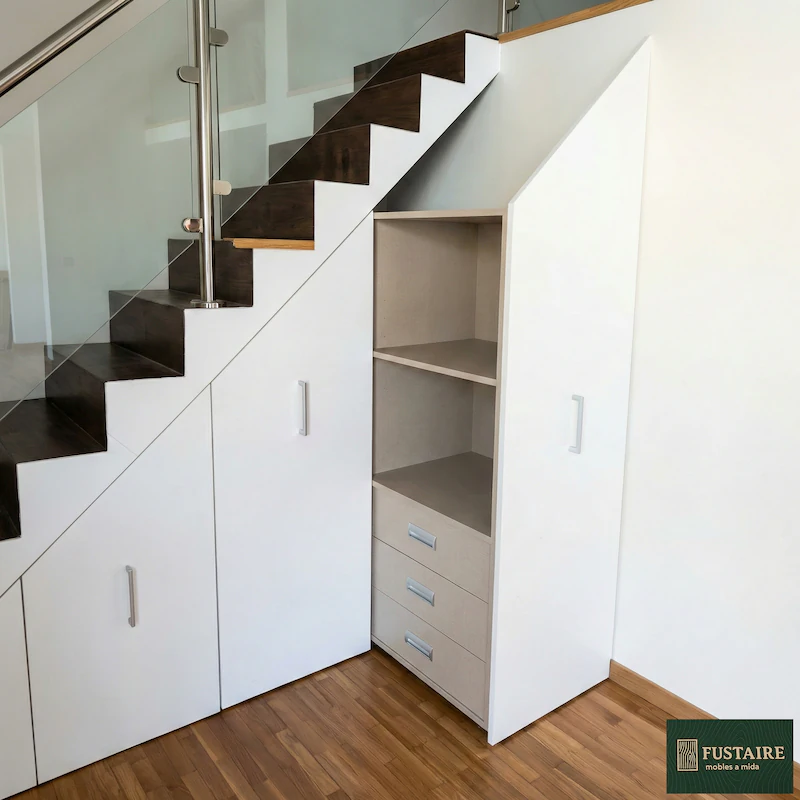 Módulo extraíble bajo escalera abierto mostrando estanterías interiores y cajonera integrada fabricado por Fustaire Barcelona