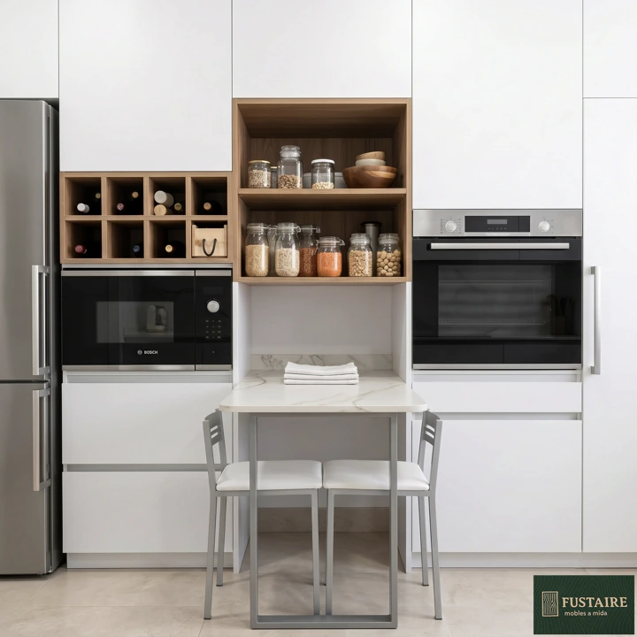 Detalle de columna horno, botellero de madera a medida y mesa desayunadora extraíble en cocina Fustaire.